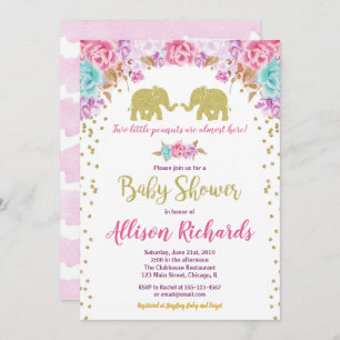 Tweevoudige meisjes baby shower olifanten roze gou kaart