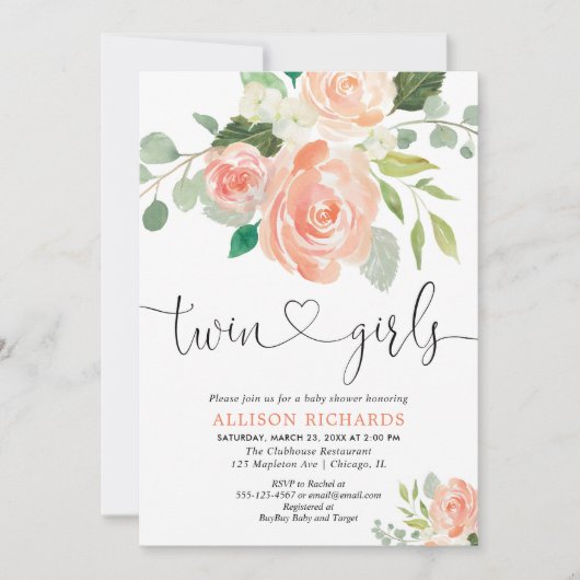 Tweevoudige meisjes baby shower waterverf kaart (Voorkant)