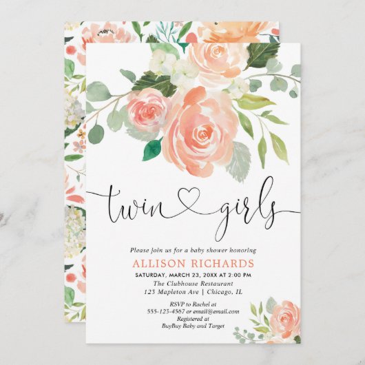 Tweevoudige meisjes baby shower waterverf kaart (Voorkant / Achterkant)