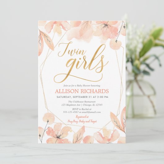 Tweevoudige meisjes Blush roze gouden baby shower Kaart (Staand voorkant)