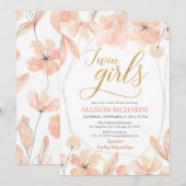 Tweevoudige meisjes Blush roze gouden baby shower Kaart (Voorkant / Achterkant)