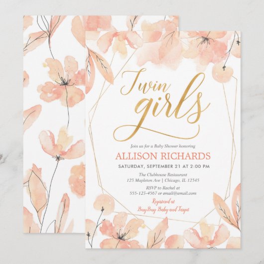 Tweevoudige meisjes Blush roze gouden baby shower Kaart (Voorkant / Achterkant)