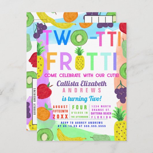 Tweevoudige vruchtendraf kleurig gekleurd fruit 2e uitnodiging briefkaart (Voorkant / Achterkant)