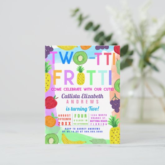 Tweevoudige vruchtendraf kleurig gekleurd fruit 2e uitnodiging briefkaart (Staand voorkant)