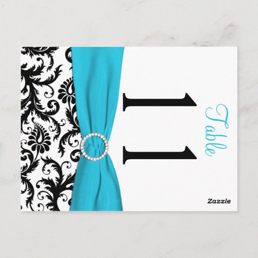Tweezijdig Aqua, zwart, wit Damask tafelnummer (Achterkant)