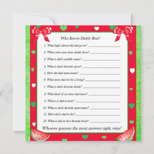 Tweezijdig Baby shower Spelletjes Watermeloen them Kaart (Achterkant)