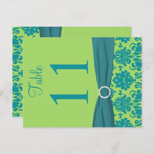 Tweezijdig groen en turquoise Damast Tafelnummer (Voorkant / Achterkant)