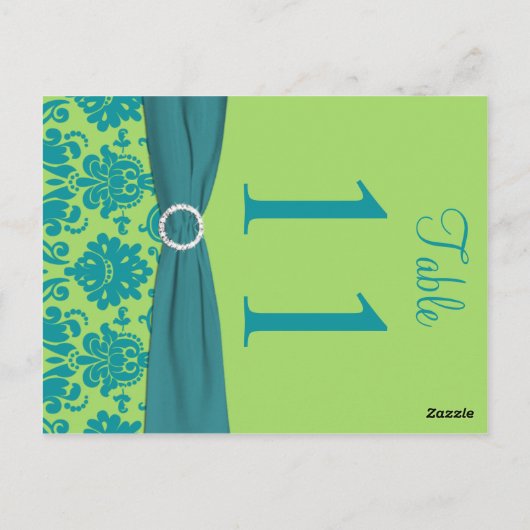 Tweezijdig groen en turquoise Damast Tafelnummer (Achterkant)