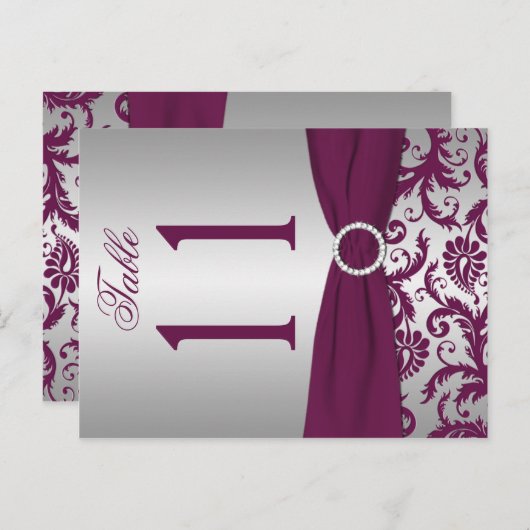 Tweezijdig Plum en Silver Damask-tabelnummer Briefkaart (Voorkant / Achterkant)