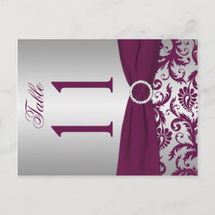 Tweezijdig Plum en Silver Damask-tabelnummer Briefkaart