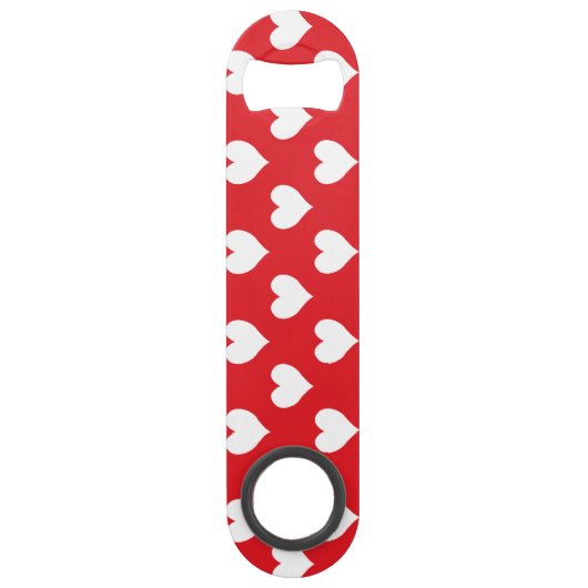 Tweezijdig rood en wit hartpatroon speed flessenopener (Voorkant)