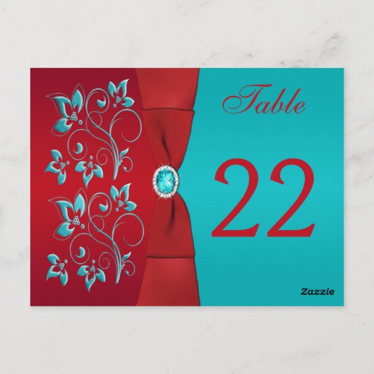 Tweezijdig rood, turquoise bloemtafel nummer Kaart (Achterkant)
