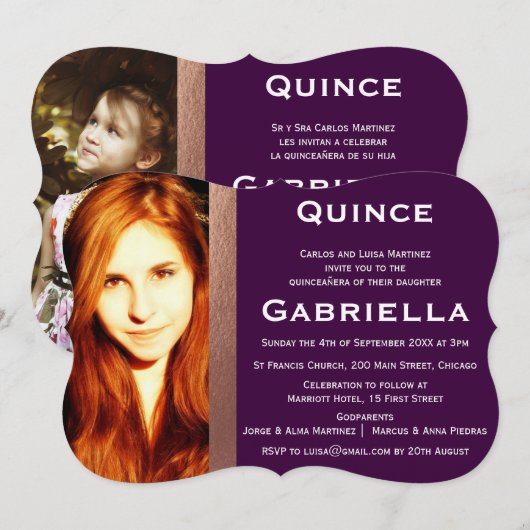 Tweezijdig tweetalige Quinceañera-fotouitnodiging Kaart (Voorkant / Achterkant)
