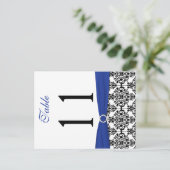 Tweezijdig zwart, wit, blauw damast tafelnummer (Staand voorkant)