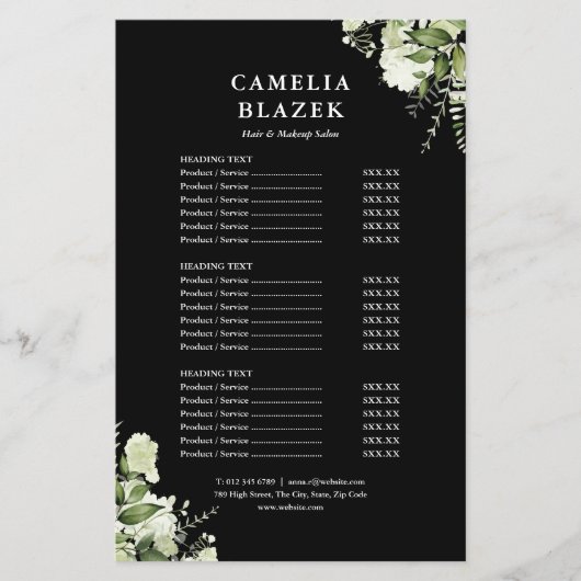 Tweezijdig Zwarte Service Menu Prijslijst Groen (Voorkant)
