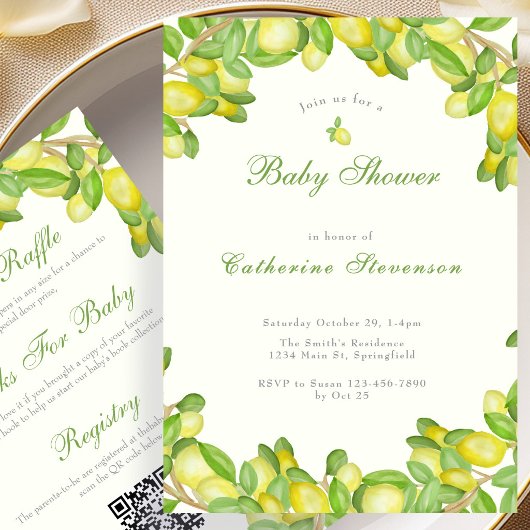 Tweezijdige citroengele babyshower uitnodiging