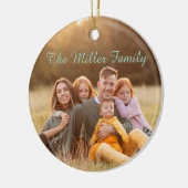 Tweezijdige elegante script overlay dubbele foto keramisch ornament (Links)