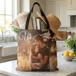 Tweezijdige koppel foto ons datum ingesteld tote bag