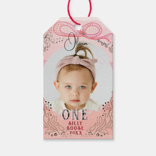 Tweezijdige One Silly Goose 1e verjaardagsfoto Cadeaulabel (Voorkant)