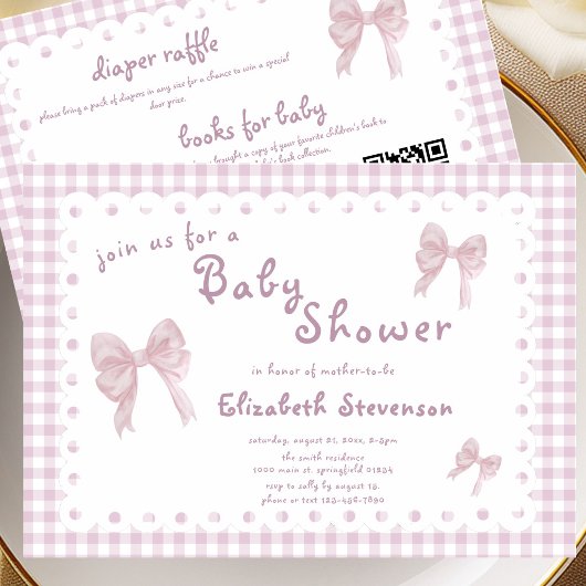 Tweezijdige Roze Gingham Baby Shower Uitnodiging