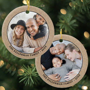 Tweezijdige Rustieke Kerst met Twee Foto's Keramisch Ornament
