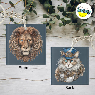 Tweezijdige Steampunk Leeuw en Perzisch Kattenplei Sleutelhanger