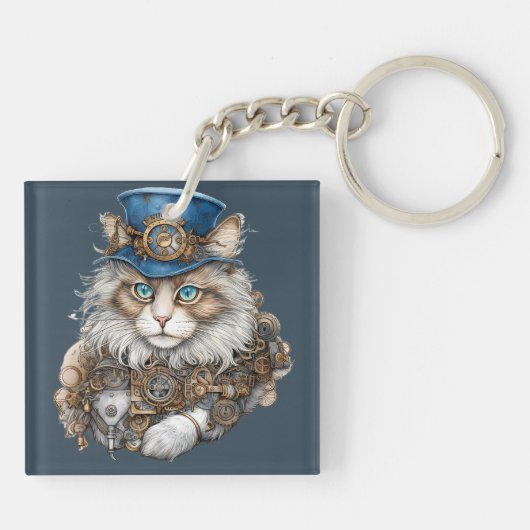 Tweezijdige Steampunk Leeuw en Perzisch Kattenplei Sleutelhanger (Achterkant)
