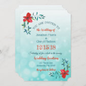 Tweezijdige Turquoise & Rode Bloem Bruiloftsinvita Kaart (Voorkant / Achterkant)