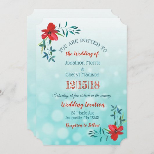 Tweezijdige Turquoise & Rode Bloem Bruiloftsinvita Kaart (Voorkant / Achterkant)