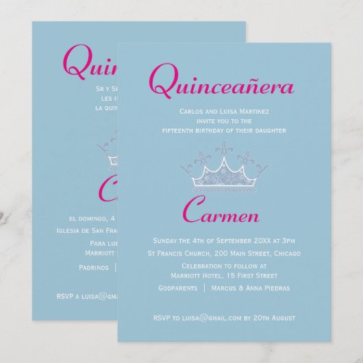 Tweezijdige uitnodiging van Quinceañera Tiara (Voorkant / Achterkant)