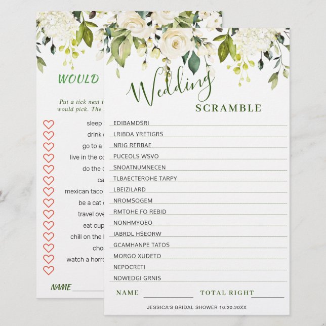 Tweezijdige witte rozen bloemenspel bruidsshower s (Voorkant / Achterkant)