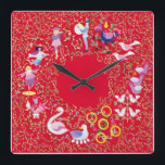 Twelve days of Christmas, style2 Vierkante Klok<br><div class="desc">Twelve days of Christmas clock Design based on the traditional Christmas carol.</div>