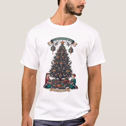 Twelve Days of Christmas T-Shirt, Ornate Gift Tree T-shirt (Voorkant)
