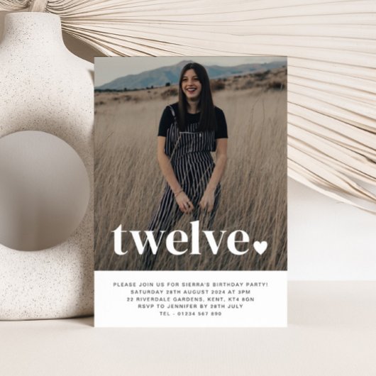 Twelve Heart Photo Birthday Invitation Kaart