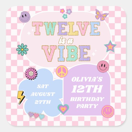 Twelve is een vibe preppy patch 12e verjaardagsfee vierkante sticker (Voorkant)