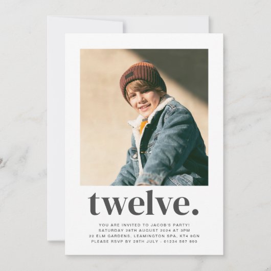 Twelve Square Photo First Birthday Invitation Kaart (Voorkant)