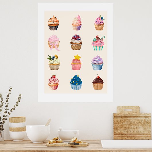 Twelve Watercolor Cupcakes Poster (Keuken)