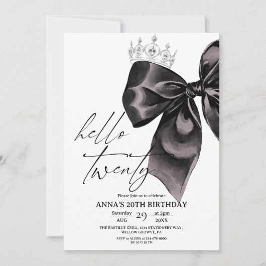 Twenty Black Bow 20th Birthday Invitation Kaart (Voorkant)