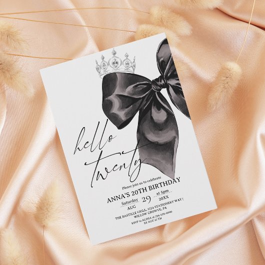Twenty Black Bow 20th Birthday Invitation Kaart