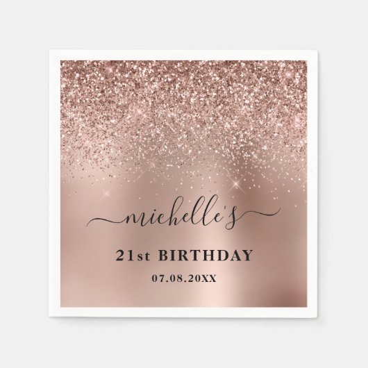 Twenty First Birthday Roos Gold Glitter Naam Servet (Voorkant)