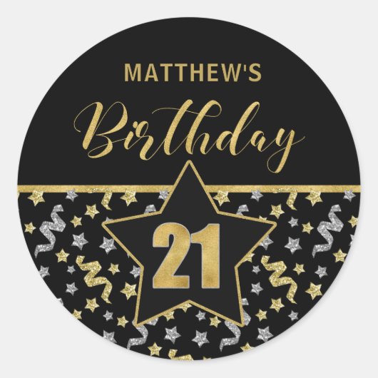 Twenty First Birthday Zwart en Goud Confetti Ronde Sticker (Voorkant)