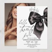 Twenty five Black Bow 25th Birthday Invitation Kaart (Voorkant / Achterkant)