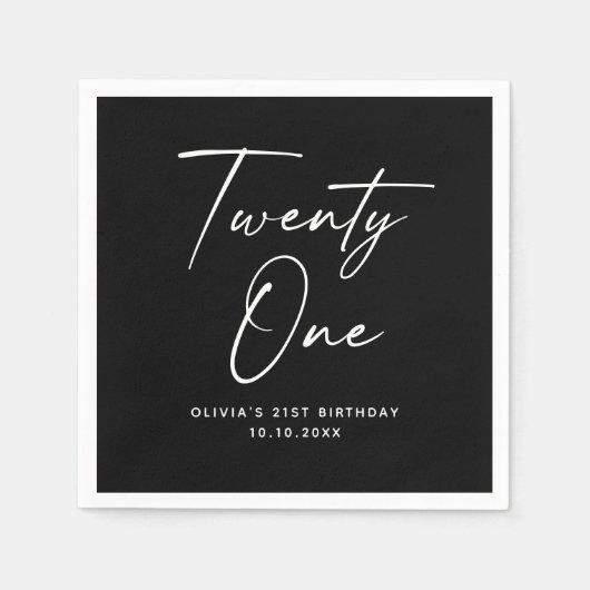 Twenty One 21st Birthday | Elegant Black Modern Servet (Voorkant)