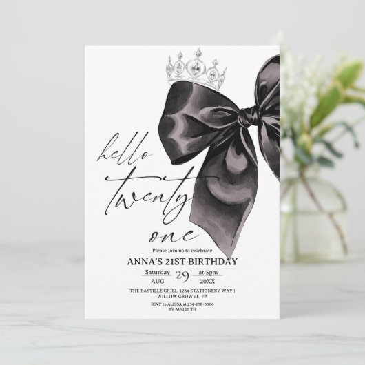 Twenty one Black Bow 21st Birthday Invitation Kaart (Staand voorkant)