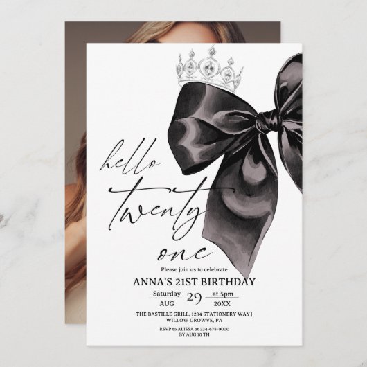 Twenty one Black Bow 21st Birthday Invitation Kaart (Voorkant / Achterkant)