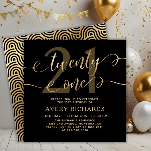 Twenty One Elegant Gold Script Black 21st Birthday Kaart