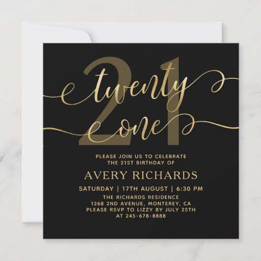 Twenty One Elegant Gold Script Black 21st Birthday Kaart (Voorkant)