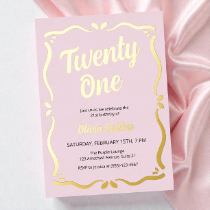 Twenty One Gold Script Blush Pink 21e verjaardag Folie Uitnodiging