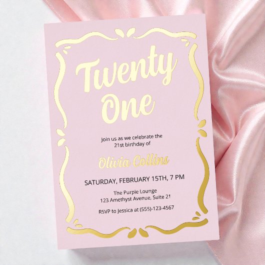 Twenty One Gold Script Blush Pink 21e verjaardag Folie Uitnodiging