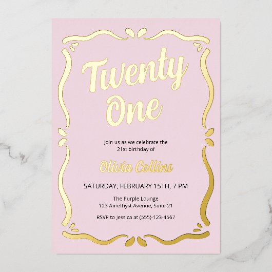 Twenty One Gold Script Blush Pink 21e verjaardag Folie Uitnodiging (Voorkant)
